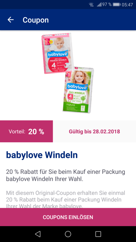 20%-Coupon für babylove-Windeln von dm (Screenshot aus Glückskind-App)